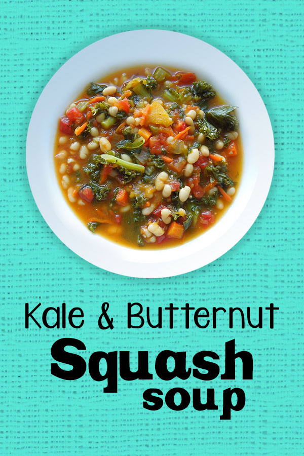 Kale and Butternut Squash Soup - Healthy dinner recipe, easy to add chicken sausage for non-vegans
