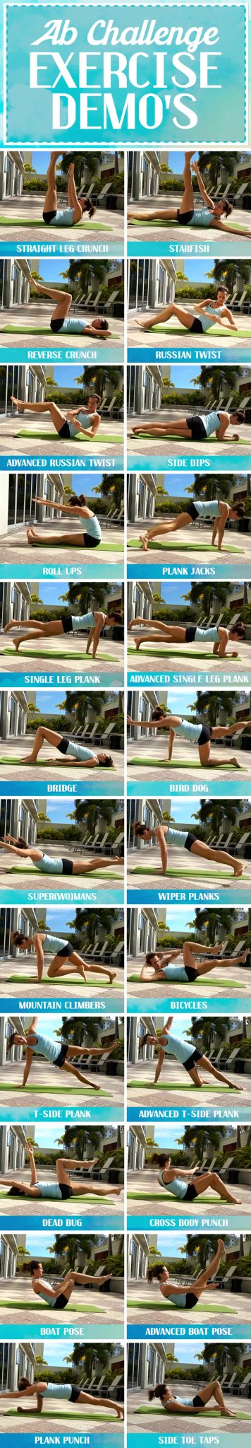 30 day ab challenge exercises demonstrated - click for mote details on nutrition tips and more!