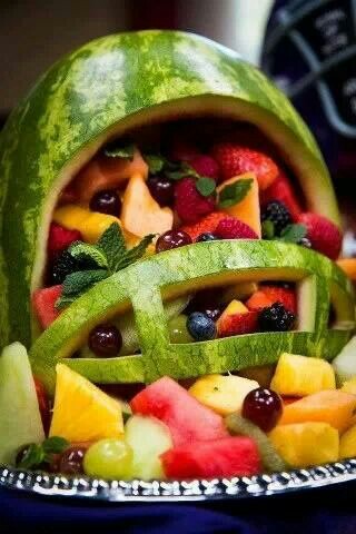 Football fruit helmet - click for more fun super bowl recipes